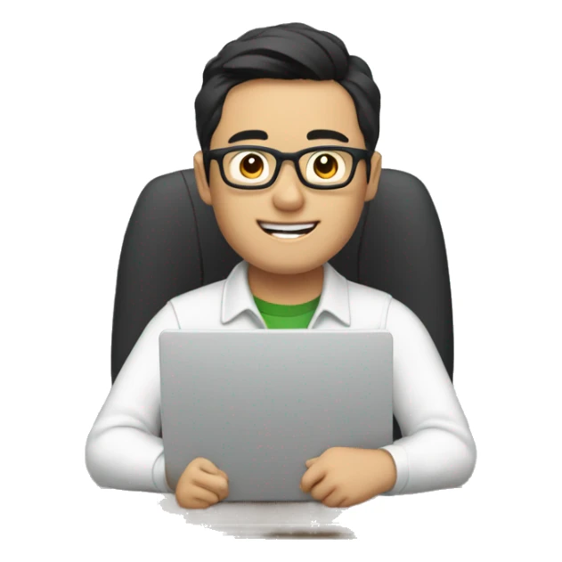 Asian guy with glasses editing videos on a computer sticker