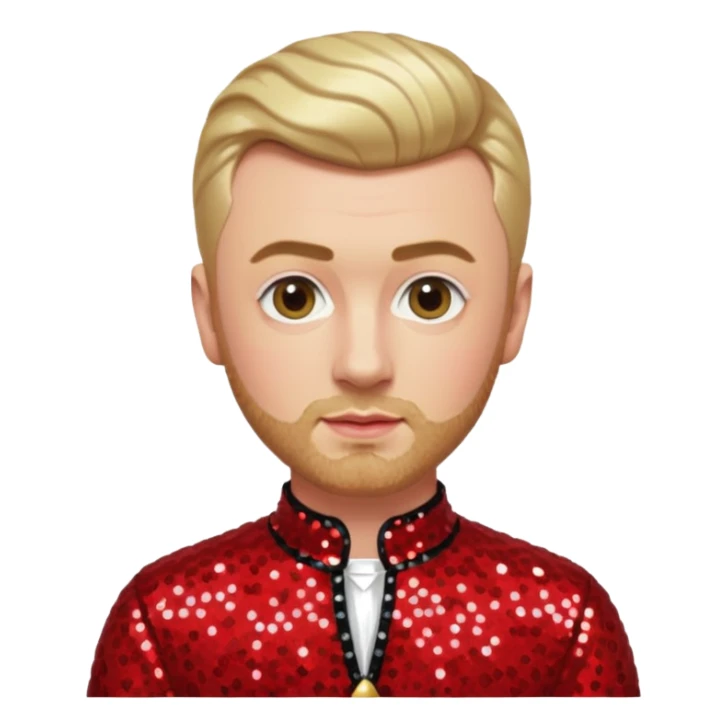 Sam Smith with blonde hair and short beard, red sequin outfit sticker
