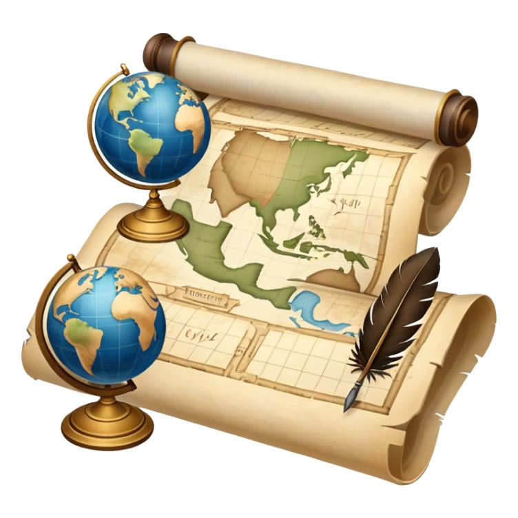 An icon featuring an ancient scroll, a quill pen, and a globe, symbolizing the study of history. The design includes a timeline with significant historical events, with ruins in the background to evoke past civilizations. Transparent background emphasizes the exploration of human history sticker