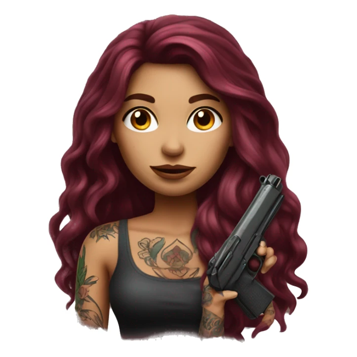 Beautiful tattooed burgundy long haired woman with a gun sticker
