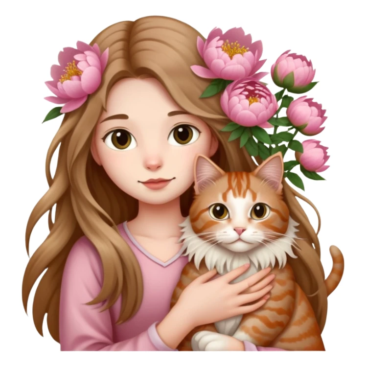 A long haired girl holding a long haired tabby in peony sticker