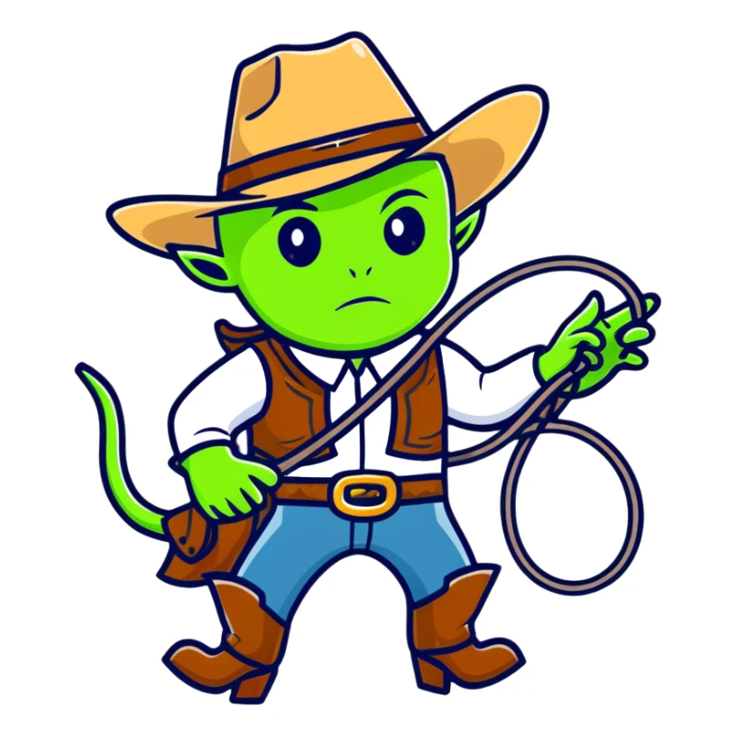 Green alien cowboy with cowboy hat and lasso sticker