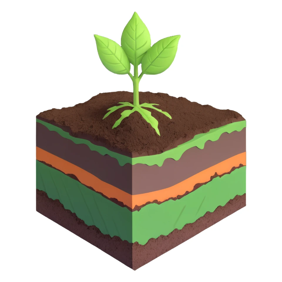 A fresh green leaf resting on the surface of a cross-section of the Earth, where soil and underground layers are visible beneath. Natural lighting, realistic textures. sticker