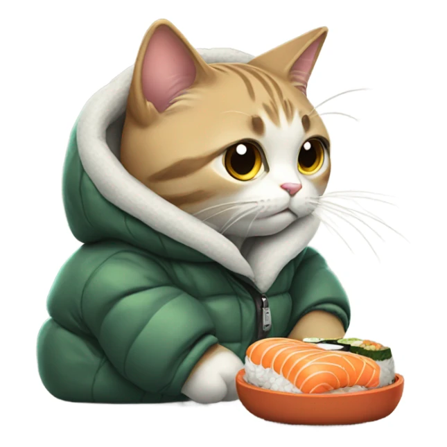 cat in a big puffy jacket eating sushi sticker