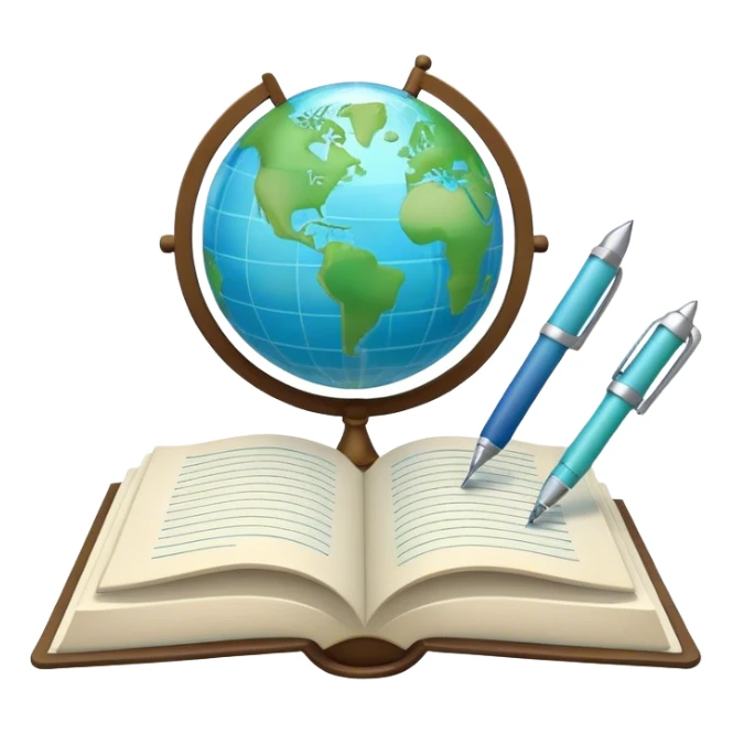 Create an emoji representing language translation. The design should feature a single globe in the background, symbolizing international communication. In front of the globe, place two opened books, with texts in it and a pen nearby to indicate the act of writing and vocabulary. Use a clean and professional color palette with blues, greens, and neutral tones. Do not include any emojis or smiley faces. Make the background transparent sticker