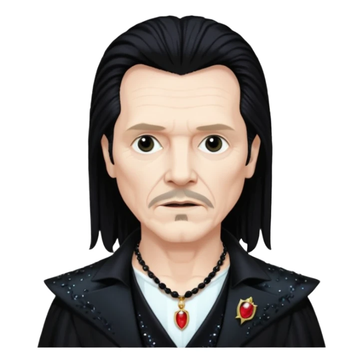 Gary Oldman as Dracula with long black hair, black sequin outfit, shirtless with necklace sticker