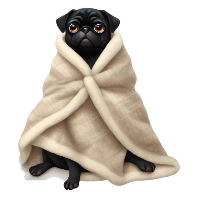 black pug with a cozy blanket around her and a bow sticker