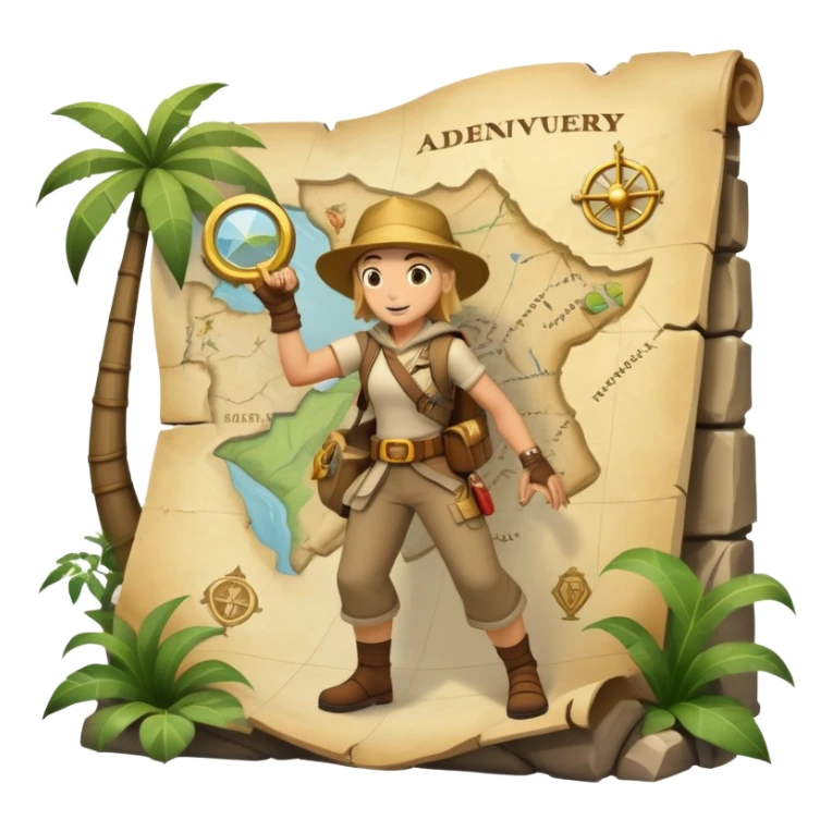 An icon featuring an adventurer in a dynamic action pose with treasure map, ancient ruins and jungle landscapes in the background. The design includes clues, hidden passages and climbing gear, symbolizing the thrill of exploration and discovery. Transparent background. sticker