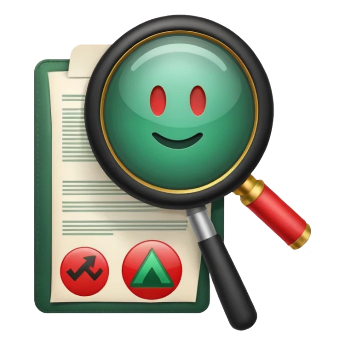 Create a clean emoji-style icon representing “Challenge Review”.Include a document with a red warning symbol, a magnifying glass overlay ,magnifying glass of dark green color and a small refresh arrow. sticker