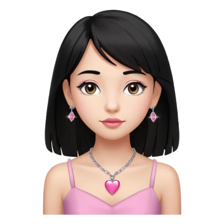 Cabelos pretos longos lisos ,com franja curvada .olhos pretos puxadinho para cima. Cílios longos curvados. Pele clara ,nariz pequeno ,lábios carnudos ,adolescente 16 anos ,vestido rosa de alça, colar de coração prata ,brinco de diamante sticker