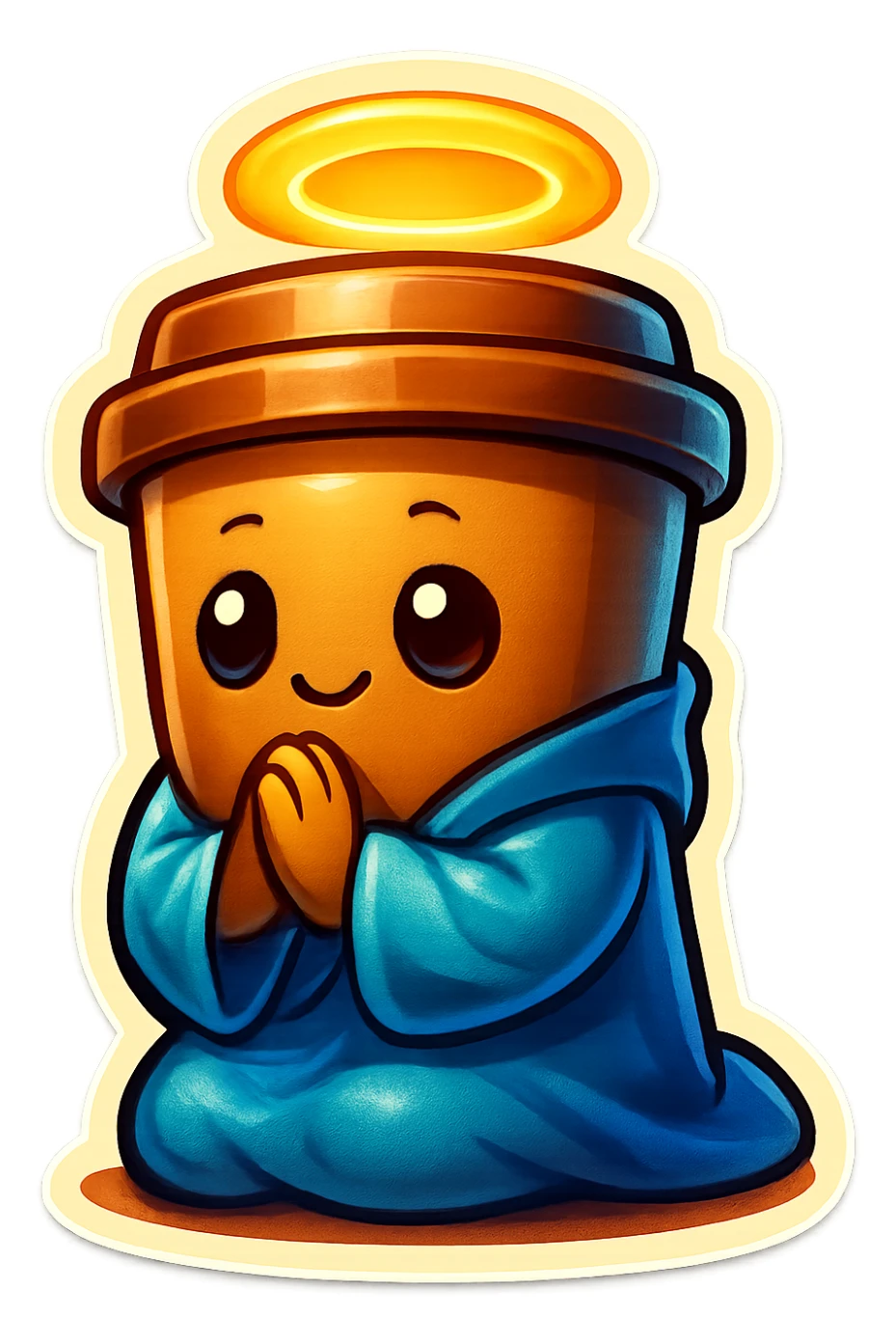 Tall coffee cup, bowing on knees, praying, worship, wearing soft blue monk robes, halo sticker