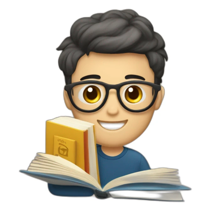 joven estudiante sentado sobre sus libros que son muchos y con un libro en sus manos y sobre su cabeza, de piel blanca y con su mascota sticker