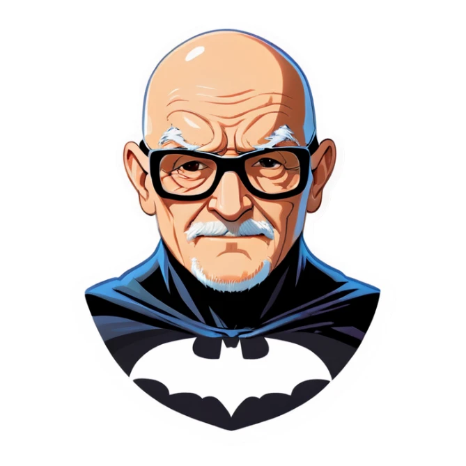 Old man wearing Batman cowl  with bald head and glasses sticker