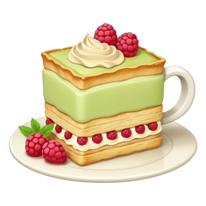 rectangular puff pastry tart, golden brown flaky with visible pastry layers. add on top piped rows of pale green cream custard and red raspberries arranged in a line. with a latte on the side in a white mug sticker