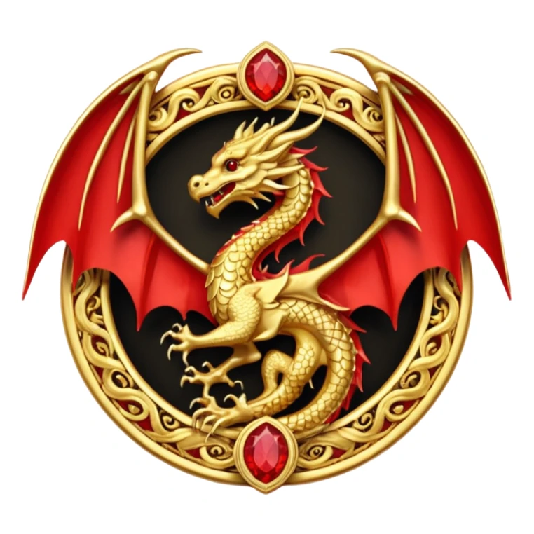 Golden Dragon with wings crest/brosch in a circle with red gems sticker