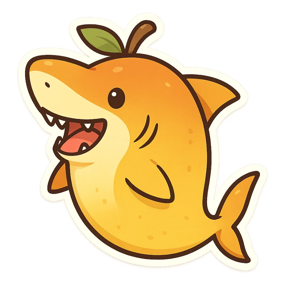 a creative and bold mango shaped like a shark, cartoon style sticker