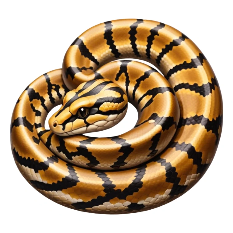 A photo-realistic top-down view of a Ball Python gently coiled into a tight spiral, with its head resting peacefully at the center. Its scales are warm brown with bold, irregular black markings, including the distinctive “alien-head” pattern, flowing smoothly along its body.  sticker