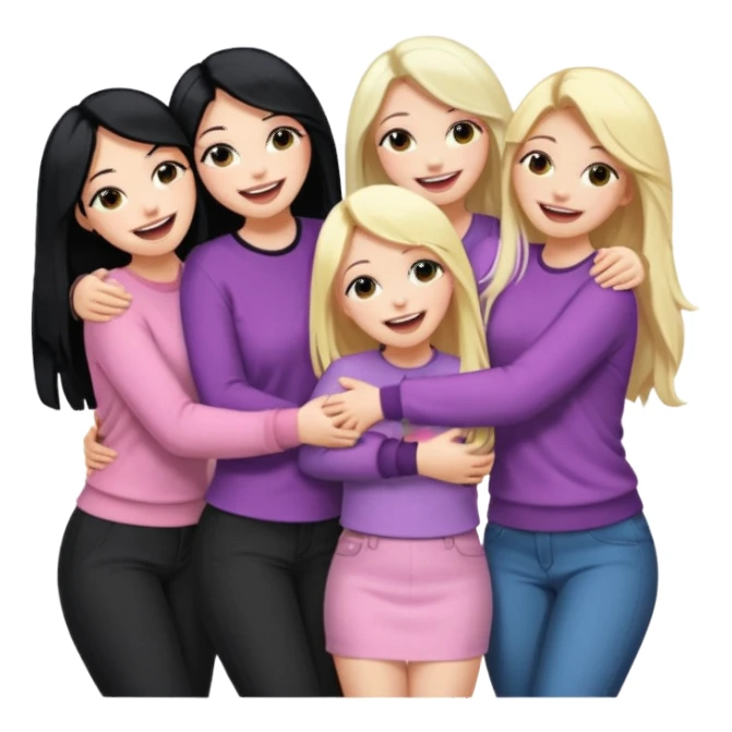 Girlfriend emoji - 5 white girlfriends, two with long dark black hair, one with medium blonde hair, one with long pale pink hair, one with short light blonde hair.  They should be laughing and hugging  sticker