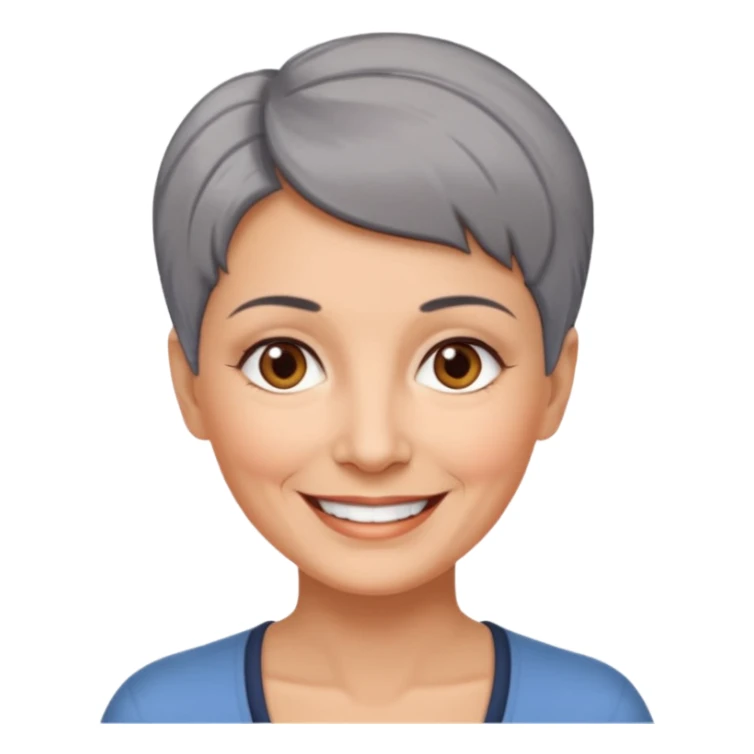 woman 60 years old, shaved short uncombed dark grey hair, brown eyes smile sticker