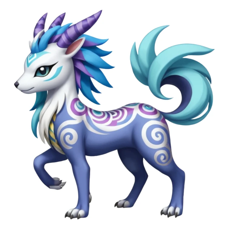 Tropical Tiny Marked Patterned Tribal Colorful Skilled Adept Graceful Asian Painted Garurumon-Meloetta-Absol-Suicune-Cobalion-fusion-hybrid-creature (full body) sticker