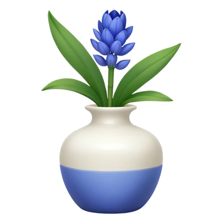 A small white vase holding a single blue hyacinth flower with green leaves. sticker