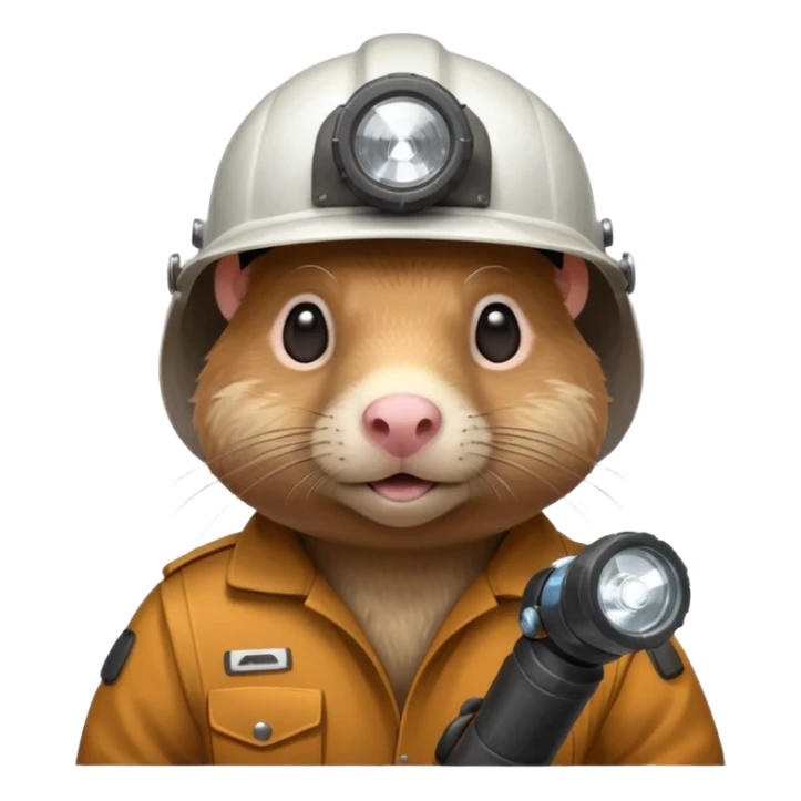 a mole rat with ore drill, white helmet, headlamp sticker
