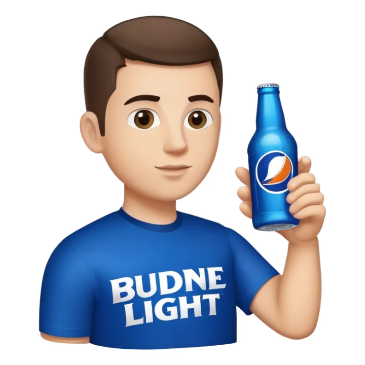 white guy, brunette crew cut hair, holding bud light  sticker