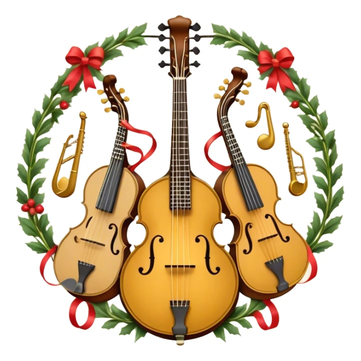 Design a complex and festive emblem-like emoji representing plucked string instruments, such as a banjo, mandolin, domra, sitar, and similar instruments. The composition should resemble a heraldic crest, with the instruments arranged symmetrically and gracefully, their necks intertwining with a flowing ribbon of musical notes. The ribbon should weave through the strings and headstocks, symbolizing the harmonious connection between the instruments. Use detailed engraving on the instrument bodies and fretboards to emphasize their craftsmanship. Incorporate rich, celebratory colors like gold, mahogany brown, deep green, and vibrant accents. Add subtle shading and light reflections to create a three-dimensional, polished look. Include ornate elements like swirls, laurel leaves, and decorative flourishes to enhance the festive and professional appearance. The background should be transparent to highlight the emblem as a standalone piece. sticker