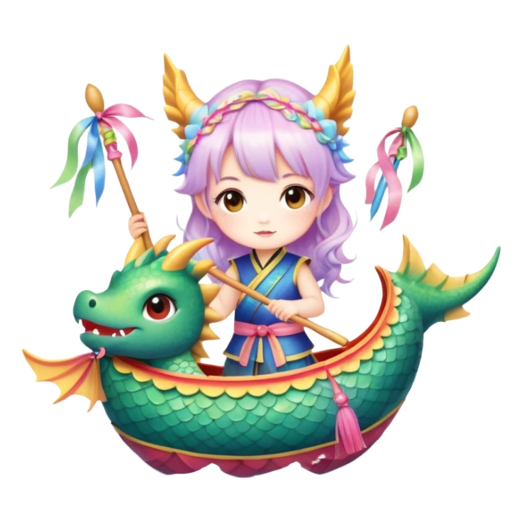 A chibi girl dressed as a dragon boat drummer, holding soft pastel drumsticks, standing in a fluffy dragon boat, colorful festival ribbons flying, sparkles and cute mini fish swimming below, soft pastel colors, watercolor texture, transparent background sticker