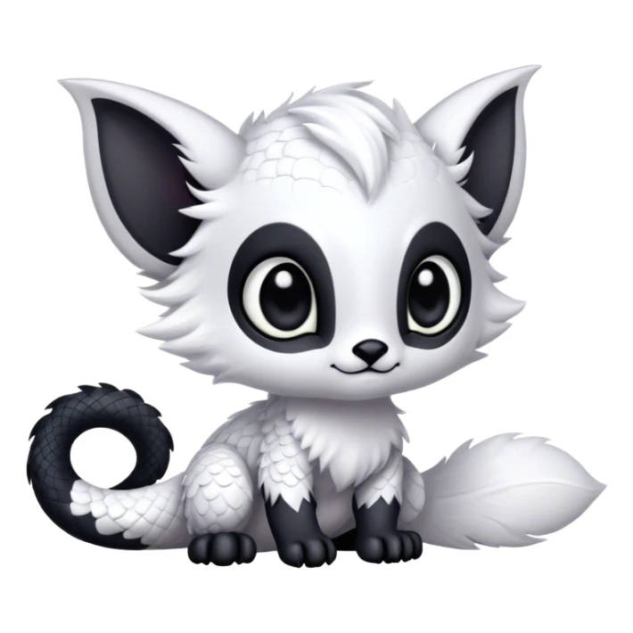 Fantasy-fantasy creature, black ears, no Scapha, black long scaly tail, big eyes, black eyes, white fur, black claws, cute, adorable sticker
