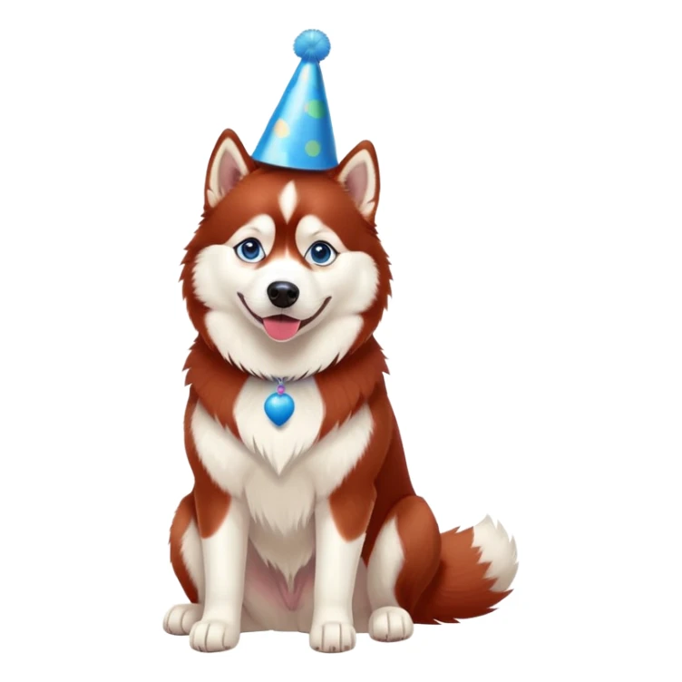 red siberian husky with blue eyes, sitting, wearing a party hat sticker
