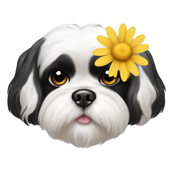 Black and white shih tzu long ears with a daisy  sticker
