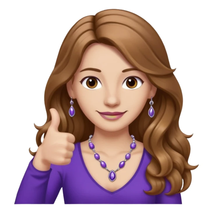 lady with long wavy русые hair, purple top, карие eyes, thumbs up, с бусами белые и серебром на шее sticker