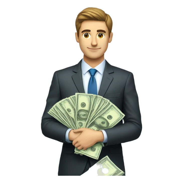 finance bro in suit holding money.  European ethnicity sticker