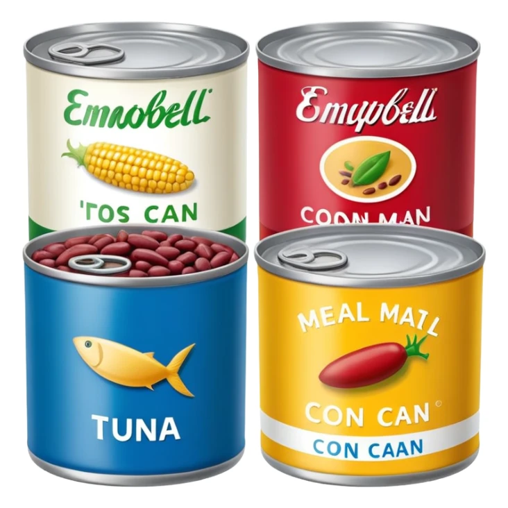 Four different canned food items in a row, soup can, beans can, corn can, tuna can sticker