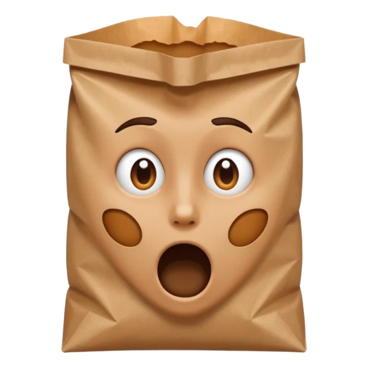 iOS emoji style, face with panic expression, breathing into a brown paper bag sticker