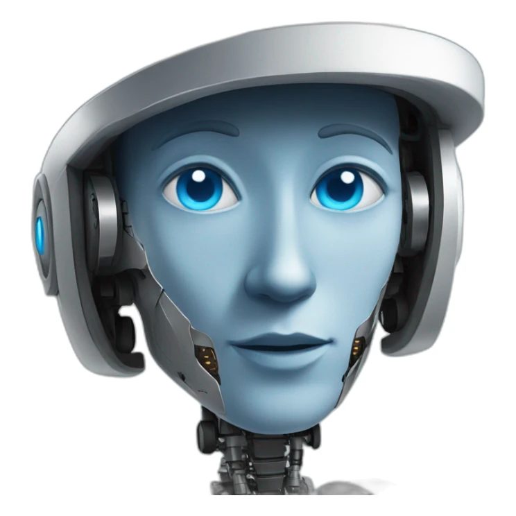 a humanoid robot with blue eyes that has oppenheimer's hat sticker