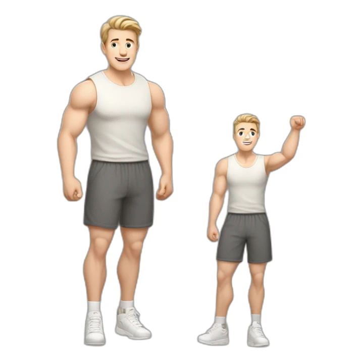 Full height Actively gesturing with hands Pale skinned Fit Man With the biceps and light brown hair with Bristle in dark gray Sleeveless Mike, beige oversize sports shorts and white Sneakers sticker