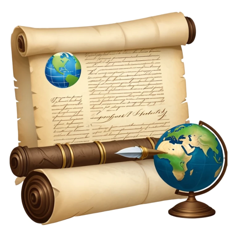 An icon featuring an ancient scroll, a quill pen, and a globe, symbolizing the study of history. The design includes a timeline with significant historical events, with ruins in the background to evoke past civilizations. Transparent background emphasizes the exploration of human history sticker