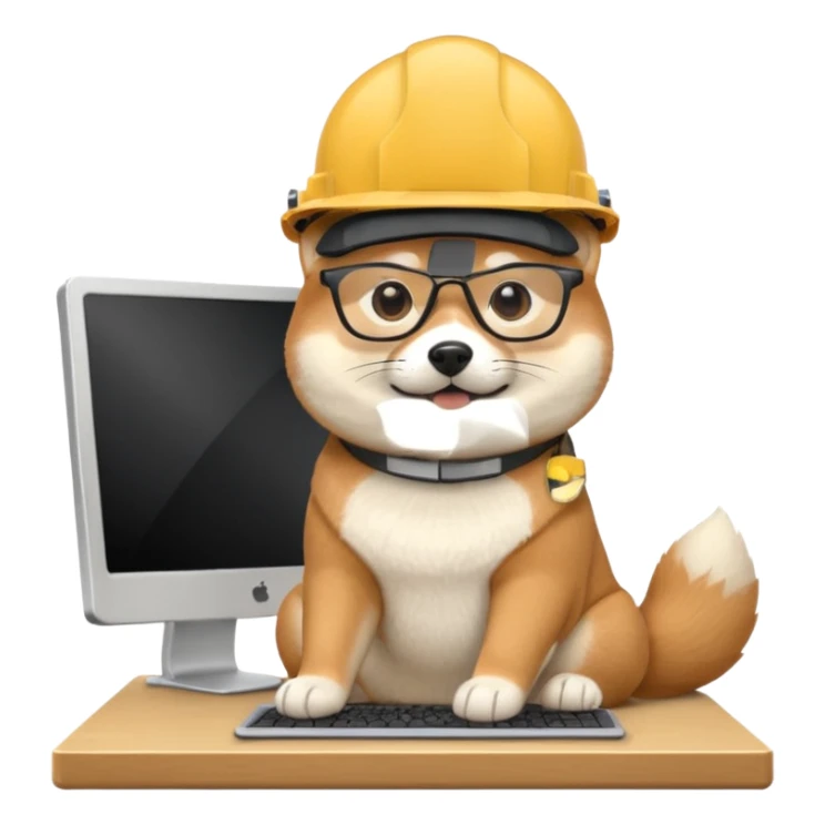 shiba inu with eye glasses and computer wearing a hard hat sticker