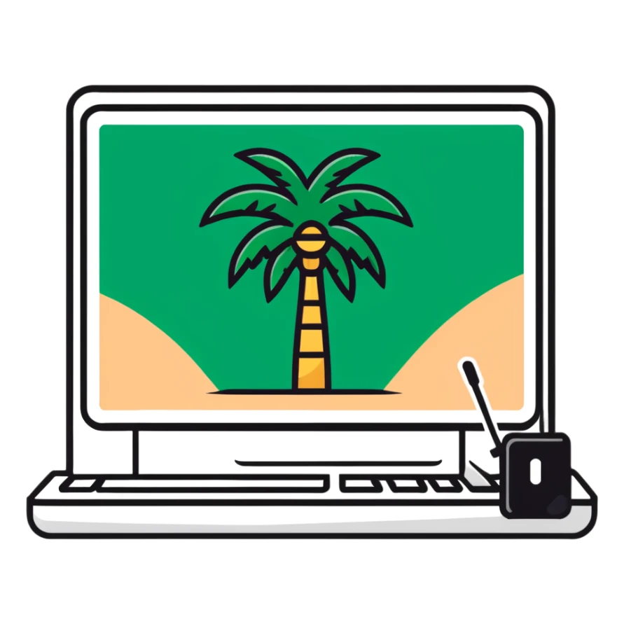 computer with Saudi Arabia palm tree and swords emblem on screen sticker