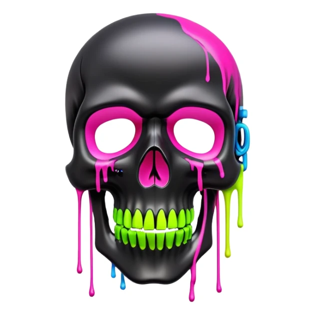 sleek black skull with vibrant neon graffiti tags and famous luxury brand logos spray painted, front view sticker