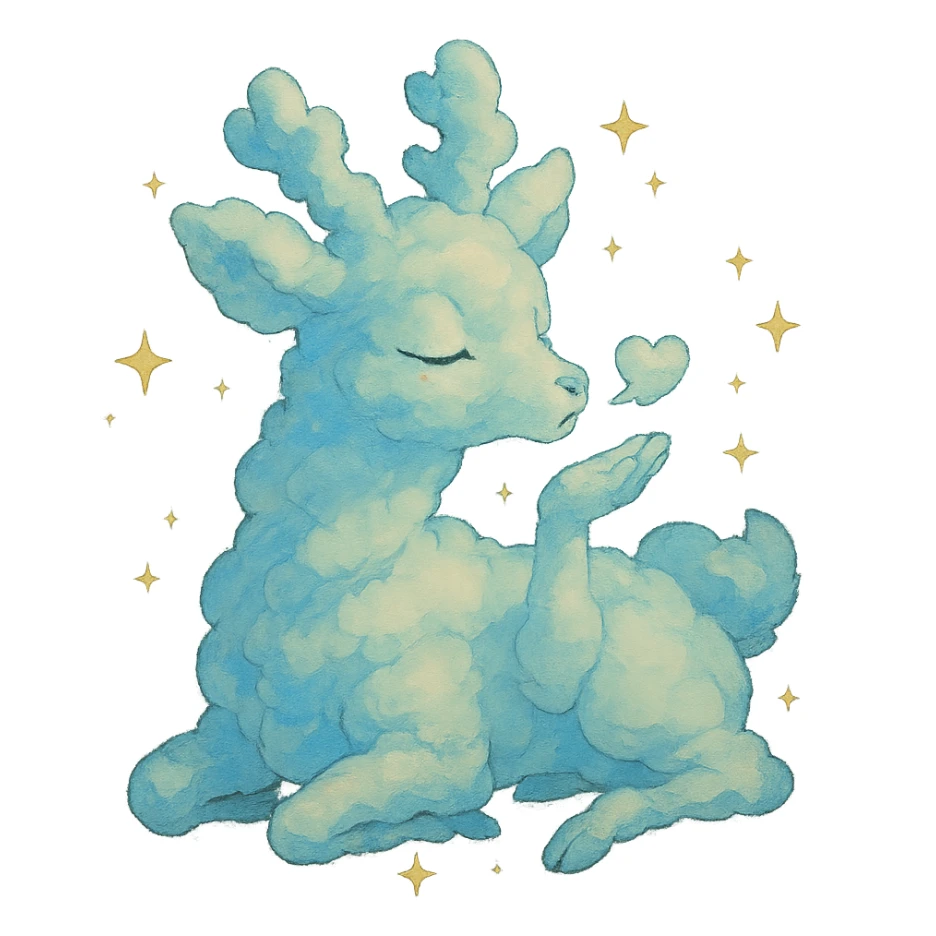 dreamy Ghibli-style cloud doe with sparkles blowing a kiss sticker