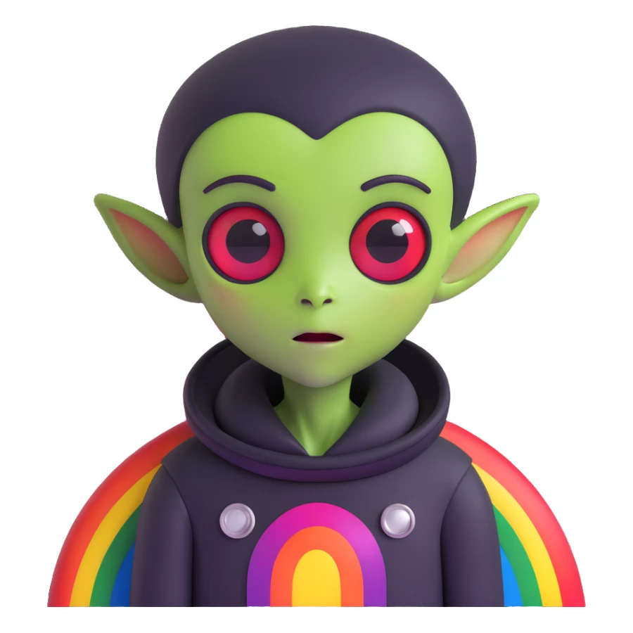 gay EMO alien with expressive features, rainbow accents, dark clothing, vibrant and moody scene conveying LGBTQ+ pride and emo subculture, dark red background sticker