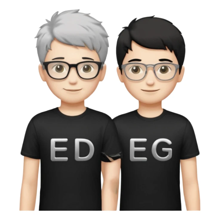 2 boys standing together. oner wearing black t-shirts with the letters 'EDG' fluffy short hair and silver rectangular glasses. the other one has black hair, smiled brightly, no glasses. the one who has no glasses is taller sticker