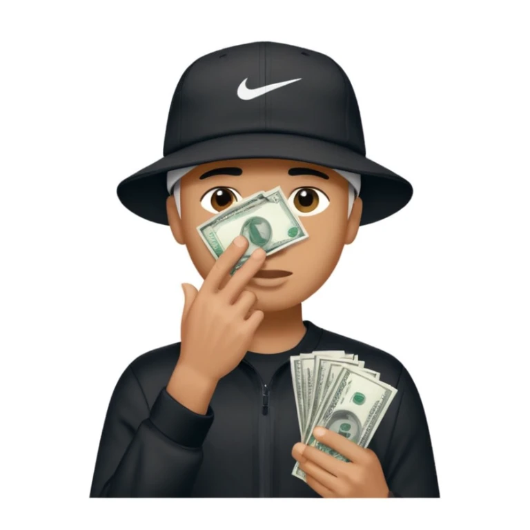 Man with money in his hand covering his face wearing a white and black hat and a Nike tech  sticker