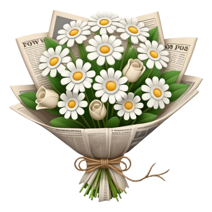 White Flower bouquet wrapped with a news paper  sticker