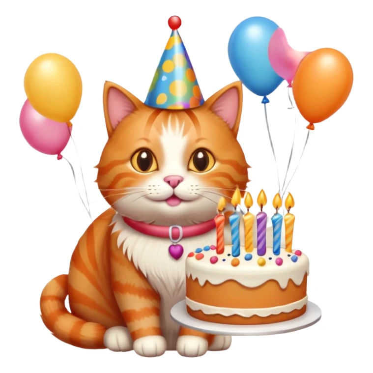 Ginger cat celebrates birthday, birthday hat, birthday cake, balloons, happy sticker
