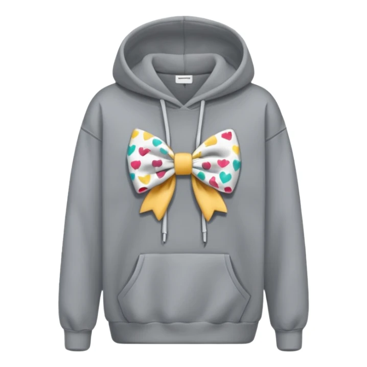a gray oversized hoodie with a bow print on the chest sticker