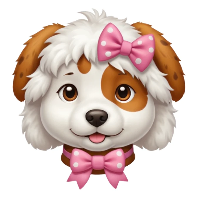 a white dog with brown spots and has a bow on her collar sticker